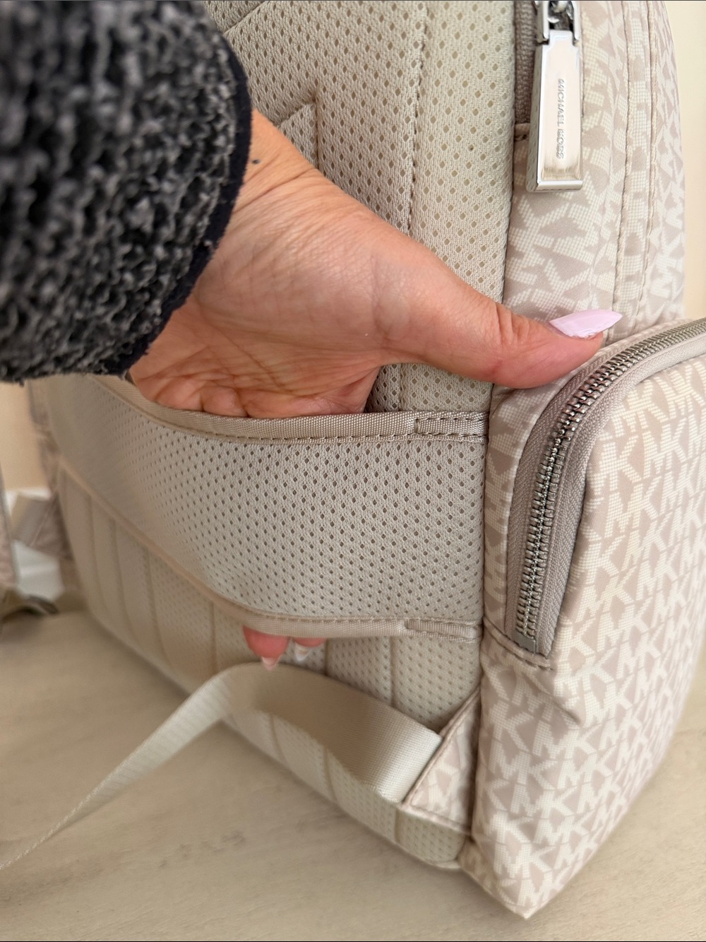 Michael Kors Beige MK woven Logo Backpack with Silver Accents - Picture 9 of 12